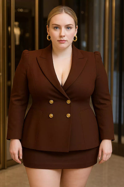 Chocolate Double-Breasted Blazer & Mini Skirt Set