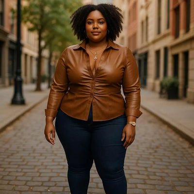 Cognac Faux Leather Button-Up Shirt
