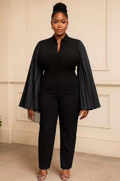 Elegant Pleated Sleeve Black Jumpsuit