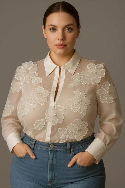 Sheer Floral Embroidered Button-Up Blouse
